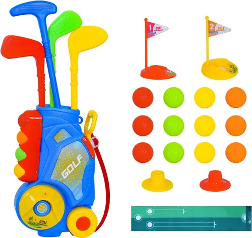 Nattork Juego de golf para niños y niñas de 1, 2 y 3 años, carrito de golf mejorado para niños con 4 palos y 12 pelotas, juguete deportivo para Azul