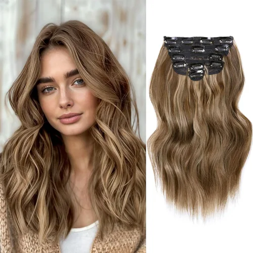 Miniatura 20 de NAYOO Extensiones de cabello con clip, de 20 pulgadas, largo, ondulado, rizado, rubio ceniza, extensiones de cabello sintético de cabeza completa