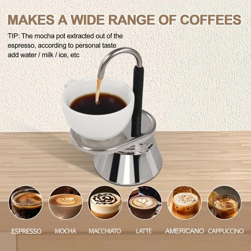 Miniatura 7 de Cafetera Moka de 1 Taza, Tubo Simple, sin Recubrimiento, de Acero Inoxidable Grueso 304, Mini Cafetera de Espresso para Estufa, Estilo Clásico