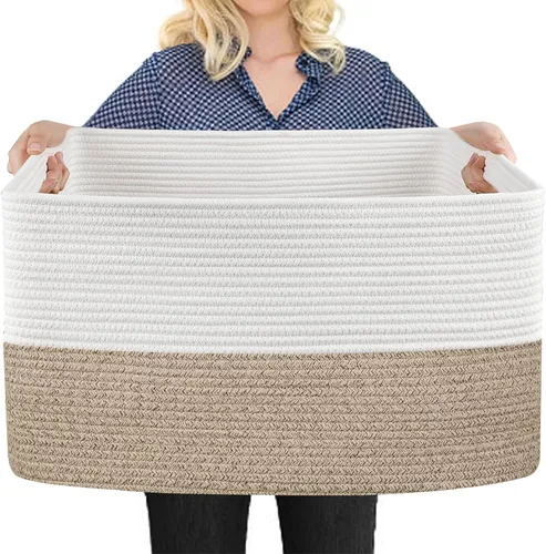 Miniatura 13 de MEGASKET Cesta de almacenamiento grande de color rosa, 22 x 17 x 12 pulgadas, contenedor rectangular de cuerda de algodón para organizar, Blanco