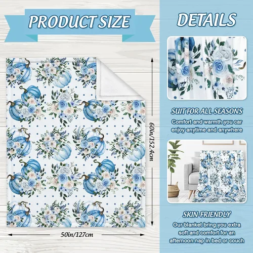 Miniatura 3 de JarThenaAMCS Manta mullida de otoño con flores azules, de calabaza, manta de franela suave y acogedora para otoño, Acción de Gracias, hogar, cama