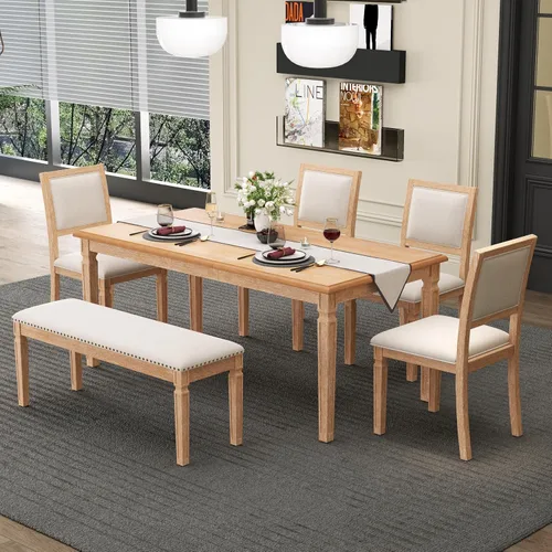 Miniatura 11 de Merax Farmhouse - Juego de 6 mesas de comedor de madera extensibles de 82 pulgadas, 4 sillas con respaldo, banco para 2 personas con cojín