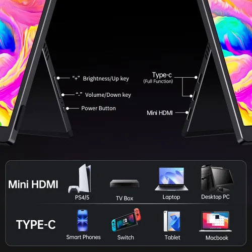 Miniatura 8 de Monitor portátil de 15.6 pulgadas FHD 1080p con batería integrada de 13500 mAh, soporte y altavoces, monitor de viaje externo HDMI USB C