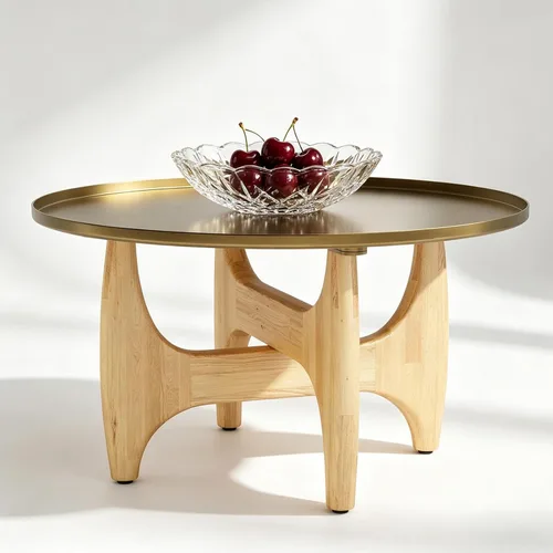 Mesa de centro redonda, mesa de centro de madera natural con bandeja de oro cepillado, moderna mesa de sofá con patas de madera para sala de estar,