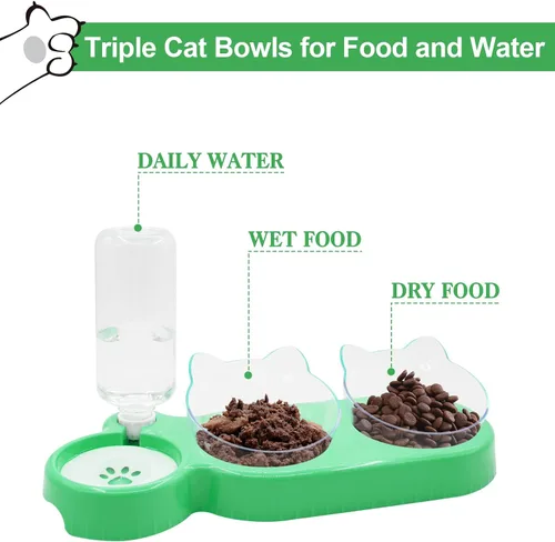 Miniatura 6 de Cuencos triples para gatos con dispensador de agua, juego de cuencos para agua y alimentos para mascotas con alfombrilla antideslizante, cuencos