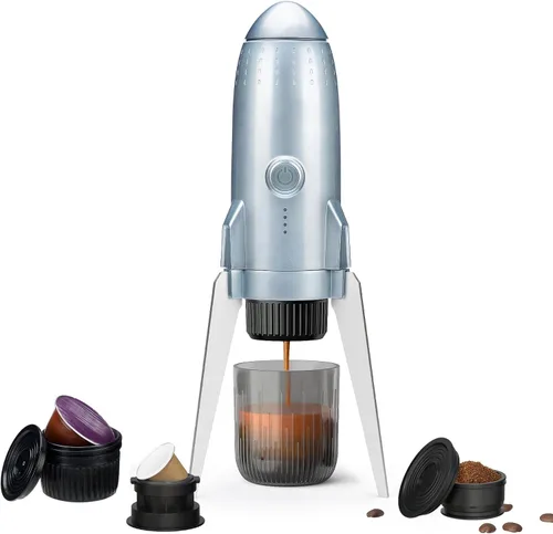 Máquina de café espresso portátil 3 en 1 sobre la marcha, cafetera eléctrica de autocalentamiento, mini cafetera de mochilero compatible con Gris