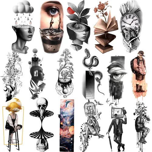 Miniatura 8 de Tatuajes temporales para hombres y mujeres adultos, 77 hojas de calcomanías de tatuaje falsas, lágrimas de serpiente, relojes, planetas