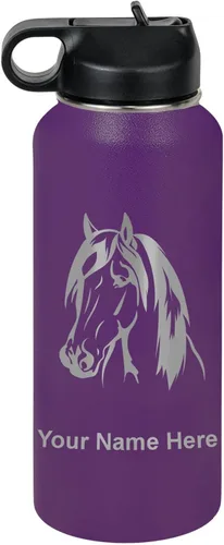 Miniatura 47 de LaserGram Botella de agua personalizada, cabeza de caballo 1, acero inoxidable de doble pared aislada al vacío con popote superior, regalo grabado