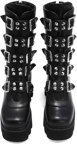 Miniatura 4 de YIYA - Botas de combate a media pantorrilla con estoperoles para mujer, botas de plataforma góticas negras, botines de plataforma con hebilla