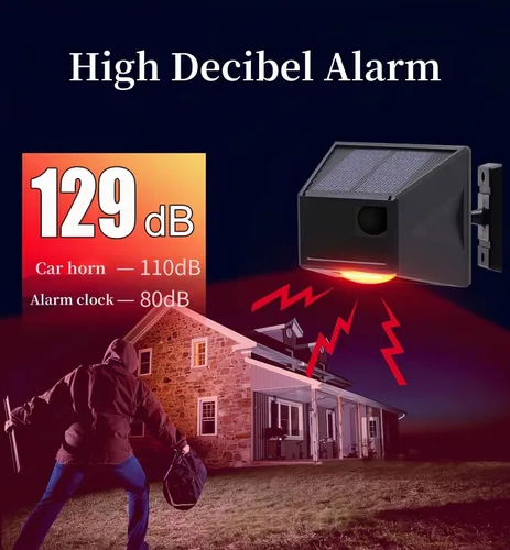 Miniatura 2 de Detector de sensor de movimiento al aire libre con alarma solar IP65 resistente al agua 129db alta sirena lámpara estroboscópica con control remoto