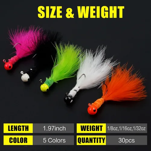 Miniatura 4 de Crappie Jig - Señuelos de pesca, 30 piezas de plumas de marabú, anzuelos de cabeza de calabú, plantilla de cola de cubo, teaser de pesca atados a