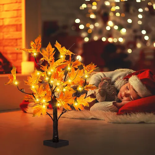 Miniatura 4 de S-Union Árbol de arce iluminado por LED de 24 pulgadas con 6 bellotas para decoraciones de Acción de Gracias Árbol de arce de 24 LED y 6 bellotas