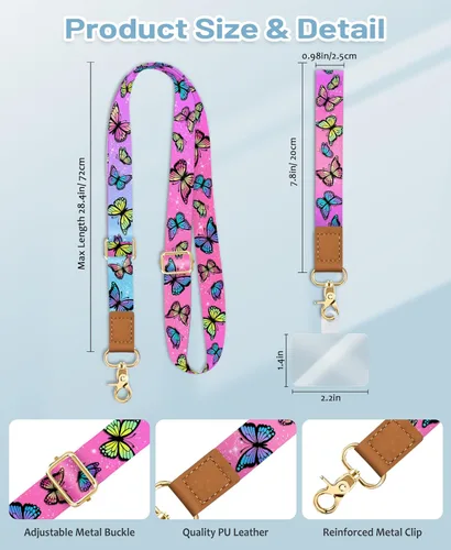 Miniatura 6 de Cordón cruzado para teléfono celular con correa para la muñeca, diseño de bonita mariposa, para colgar alrededor del cuello, correa ajustable