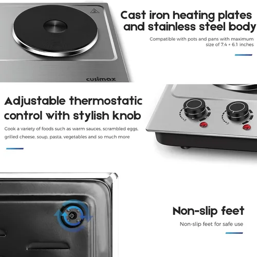 Miniatura 3 de CUSIMAX Placa de cocción doble de 1800 W, quemador doble de encimera de acero inoxidable plateado, portátil, eléctrico, placas de cocción de hierro