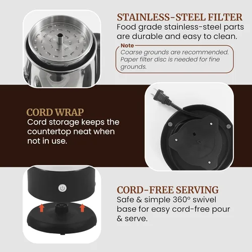 Miniatura 4 de Elite Gourmet Cafetera eléctrica de 12 tazas, filtro de acero inoxidable apto para lavavajillas, tapa y tubo, función mantener caliente, base