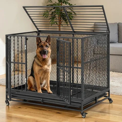 Erinnyees Jaula para perros resistente de 42 pulgadas, perrera plegable para perros medianos y pequeños, jaula de metal con ruedas con bloqueo,