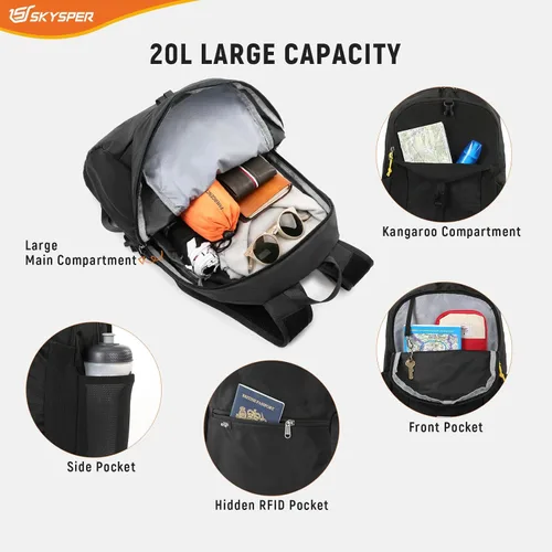 Miniatura 3 de SKYSPER Mochila pequeña de senderismo para hombres y mujeres, 20L RFID, plegable, ultraligera, plegable, mochila de viaje Negro