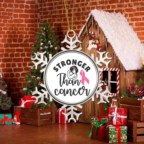 Miniatura 5 de Adorno colgante de Navidad Stronger Than Cancer Brest Cancer Awareness Metal Copo de nieve Adornos de Navidad Recuerdo Rosa Sobreviviente de Cáncer