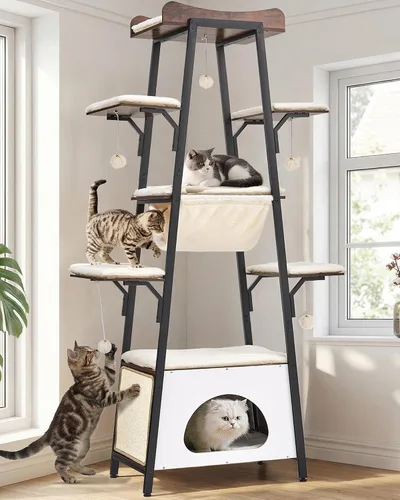 Miniatura 11 de Torre moderna de árbol para gatos de 46 pulgadas para gatos grandes, torre para gatos de varios niveles con bolas de juguete juguetonas, percha