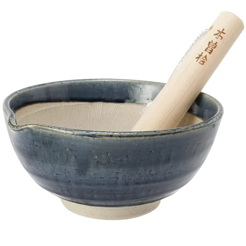TIKUSAN Juego de mortero y mortero de cerámica Ripple Ridge (Suribachi y Surikogi) con boquilla fabricada en Japón Mino Ware (grande, azul)