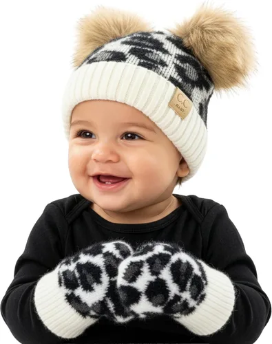 Miniatura 9 de Funky Junque Conjunto de gorro y mitones con doble pompón de pelo sintético para bebé – Gorro de invierno para recién nacidos de 0–9 meses