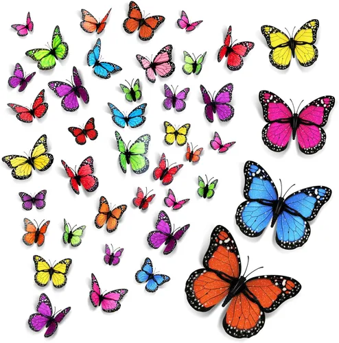 Miniatura 8 de 48 piezas de 4 tamaños de decoraciones de mariposa monarca falsas, calcomanías 3D magnéticas falsas para otoño, Halloween, día de los muertos