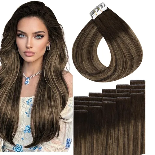 Full Shine Extensiones de cabello humano con cinta adhesiva, color marrón oscuro 2 que se desvanece a marrón ceniza 8, mezclado con 2 marrón, 24