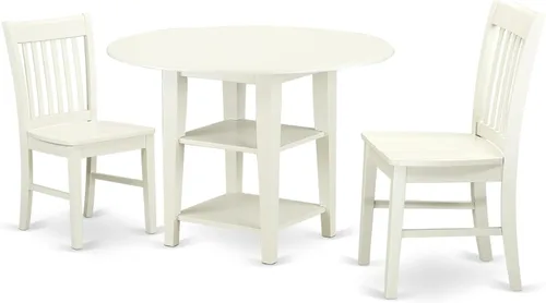 East West Furniture SUNO3-LWH-W - Juego de muebles de comedor de 3 piezas contiene una mesa de cocina redonda con gotas y estantes y 2 sillas de