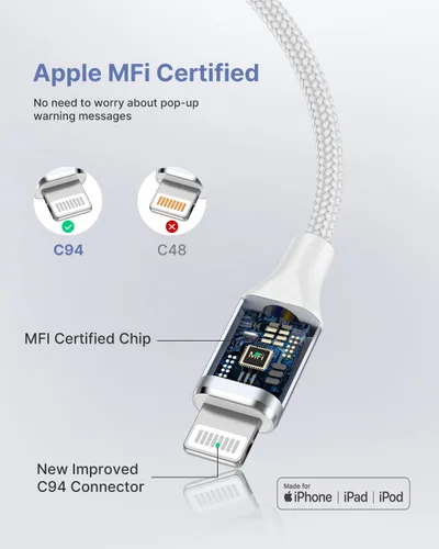 Miniatura 3 de Cable USB C a Lightning, paquete de 2 cables de carga de 10 pies, cable de carga trenzado extra largo para iPhone 14 13 12 11Pro Max Mini XS XR X 8
