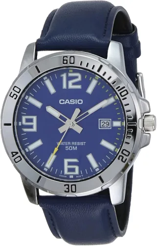 Casio MTP-VD01L-2BV - Reloj deportivo analógico para hombre, correa de piel azul, esfera azul, analógico, deportivo, para hombre