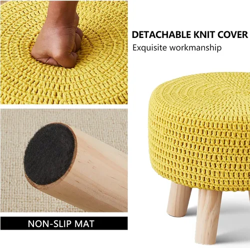 Miniatura 5 de Wimarsbon Otomanas pequeñas, puf 100% tejido a mano, reposapiés redondo con 4 patas de madera antideslizantes, puf de cuerda de algodón de Amarillo