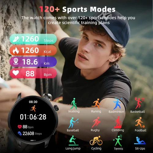 Miniatura 4 de Reloj inteligente para hombres y mujeres Fitness: impermeable, responder, hacer llamada, digital, relojes para hombres, correr, seguimiento