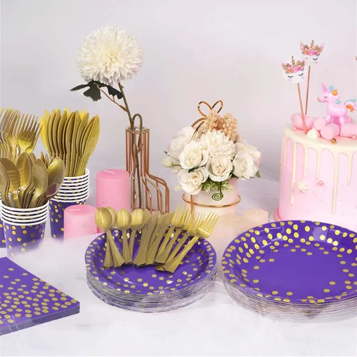 Miniatura 6 de AIRE 350 PCS Platos de Papel Morado Dorado Suministros de Fiesta para 50 Invitados Decoraciones de Fiesta Vajilla Desechable Platos de Papel Tazas