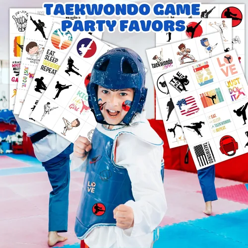 Miniatura 2 de 96 tatuajes temporales precortados de Taekwondo - Recuerdos de fiesta temática de karate y kung fu, lindos tatuajes falsos para niños, niños