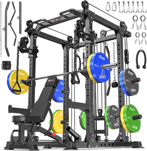 Miniatura 35 de Rack Multiusos para Sentadillas, Conjunto de Rack de Pesas Smith Machine con Sistema de Crossover de Cables, Racks de Potencia para Gimnasio en L04