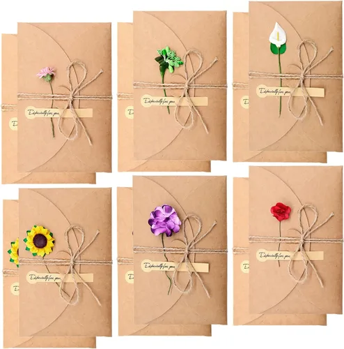 Paquete de 12 tarjetas de felicitación de flores secas con sobres, tarjeta de regalo retro marrón de papel kraft para vacaciones, tarjeta de