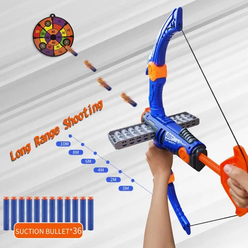 Miniatura 4 de Arco y flecha de juguete para balas de pistola Nerf, juego de tiro con bala de espuma de 12 dardos con 36 dardos de espuma, 1 gafas y objetivo, Azul