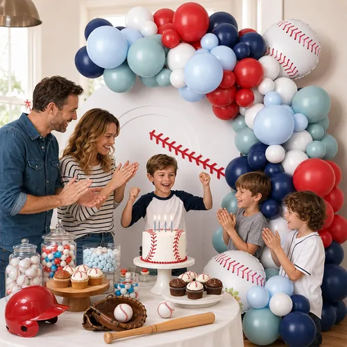 Miniatura 6 de FunHot Kit de guirnalda de arco de globos de béisbol, guirnalda de globos azul marino y rojo con globos blancos, globos de papel de aluminio