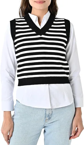 Miniatura 2 de Chaleco de suéter para mujer, a rayas, con cuello en V, sin mangas, recortado, estilo preppy, chaleco de punto