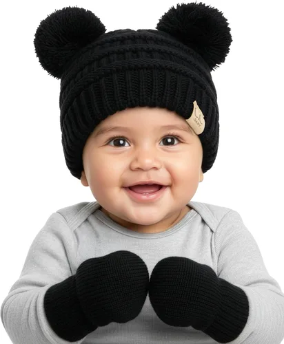 Miniatura 13 de Funky Junque Conjunto de gorro y mitones con doble pompón de pelo sintético para bebé – Gorro de invierno para recién nacidos de 0–9 meses