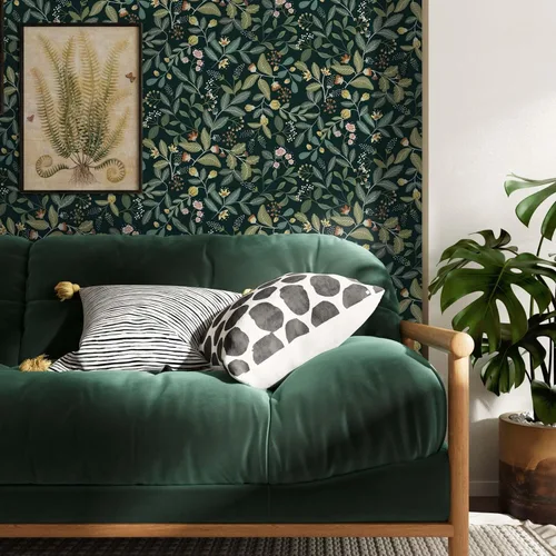 Miniatura 6 de Ismoon Papel tapiz verde para despegar y pegar, diseño bohemio floral y hojas en papel adhesivo grueso, papel adhesivo botánico oscuro, extraíble
