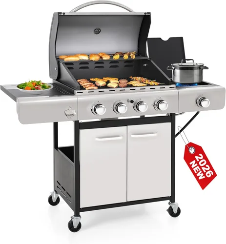 Miniatura 11 de GREEN PARTY - Parrilla de gas para barbacoa de 4 quemadores con propano, quemador lateral y rejillas de hierro fundido esmaltadas en porcelana, área