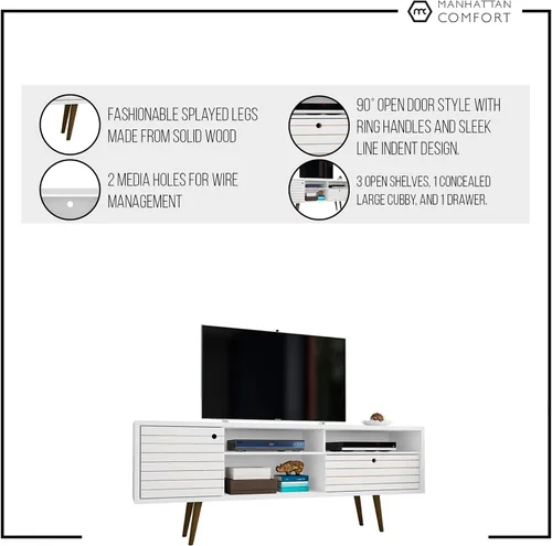 Miniatura 9 de Manhattan Comfort Liberty Collection - Soporte de TV moderno de mediados de siglo con un armario y dos estantes abiertos con patas abiertas, Madera