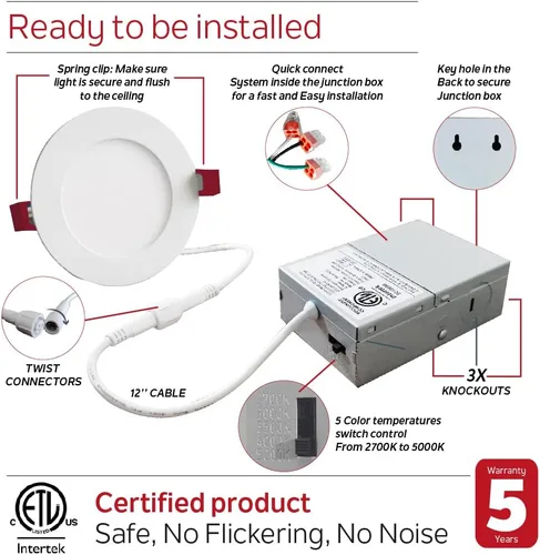 Miniatura 4 de Nadair Paquete de 6 luces LED empotrables ultra delgadas de 4 pulgadas, 9 W, 750 lúmenes, 5 CCT seleccionables en color (27K/ 3K / 35K / 4K / 5K)
