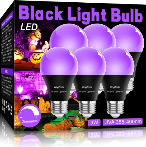 Miniatura 9 de Paquete de 2 bombillas LED negras, A19 de 9 W, luz negra UV que reemplaza hasta 100 W, 120 V, base E26, nivel UVA 385-400 nm, brilla en la oscuridad