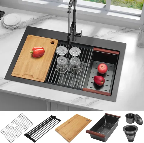 Miniatura 4 de LQS Fregadero de cocina negro con caída de 33 x 22 pulgadas, fregadero de acero inoxidable calibre 16, fregadero profundo y grande con estación