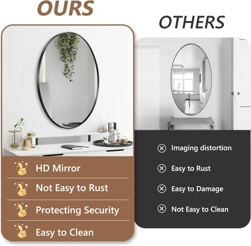Miniatura 5 de Espejo de pared ovalado, espejo ovalado negro de 20 x 28 pulgadas, espejo de baño con marco de metal, espejo decorativo para pared montado