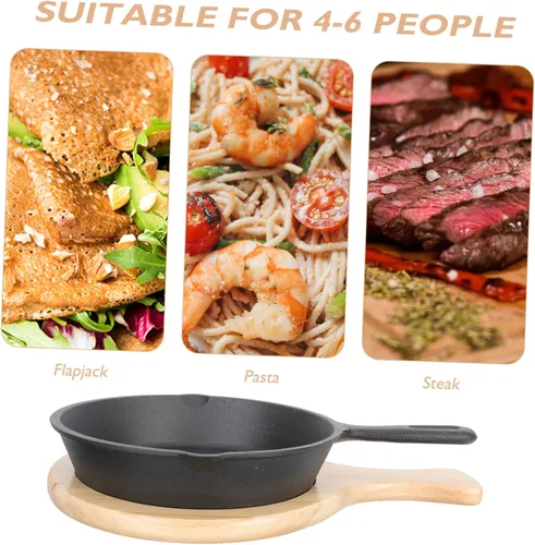 Miniatura 6 de Sartén antiadherente de hierro fundido grueso con mango y tabla de madera, sartén para cocinar carne y huevos para el hogar, cocina, conducción