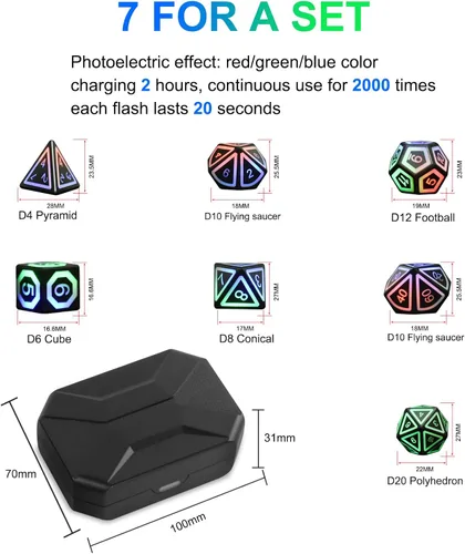 Miniatura 2 de Juego de dados DND recargables, dados iluminados, 7 dados LED balanceados brillantes, dados electrónicos, dados D & D, juego de dados poliédricos