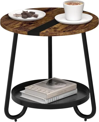Mesa auxiliar de 2 niveles para sala de estar, mesa de centro redonda de estilo industrial con bandeja de metal, mesa de centro pequeña de madera